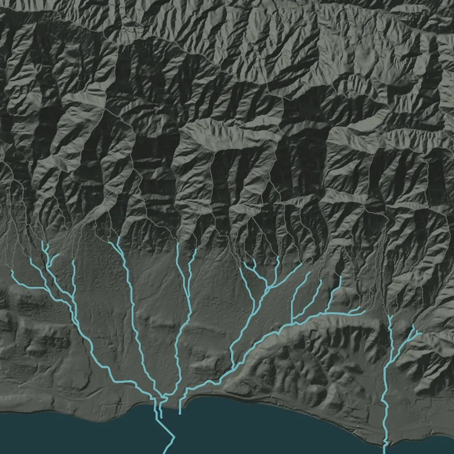 Creeks and canyon outlines on the Montecito front